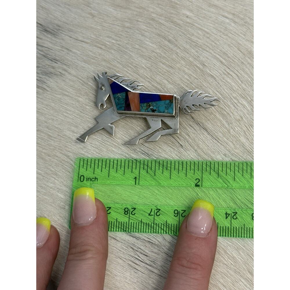 Native American Sterling Silver Inlay Horse Pin Turquoise Coral Robert Vandover - Picture 14 of 15